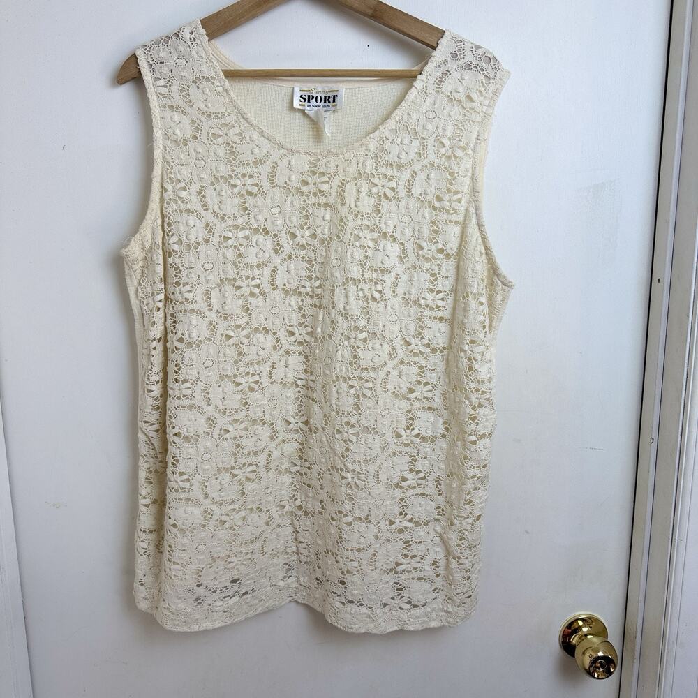 Vtg Ivory Lace Crochet Tank Top Women Size 14 Fairy Cottagecore Prairie Festival